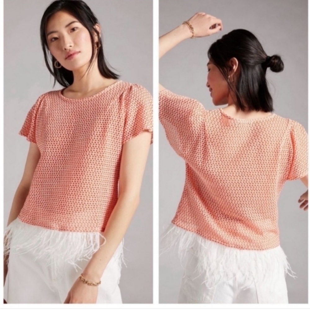 Anthropologie Peach Eyelet Feather-Hem Blouse